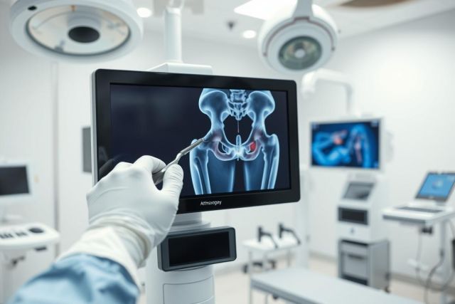 Medical X-ray image of a hip joint displayed on a monitor in a modern operating room. A gloved hand points to the screen showing bone structure and potential injury. Clinical setting with bright white lighting and medical equipment.