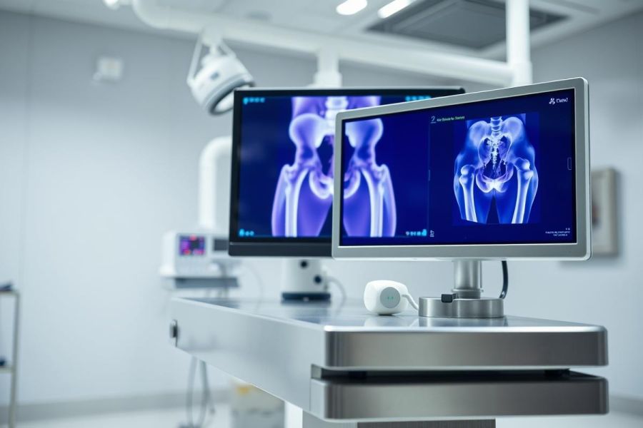 Medical X-ray scans of hips displayed on monitors in a modern operating room. Blue and white tones highlight the skeletal imagery and sterile environment, showcasing diagnostic technology for orthopedic procedures.