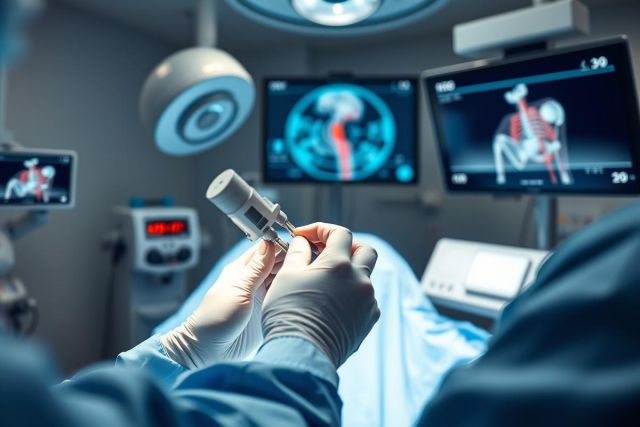 Surgical procedure in a modern operating room. A gloved hand holds a medical device, with monitors displaying 3D anatomical scans of the hip. Sterile environment, bright lights, blue and gray tones. Focus on precision and advanced medical technology.