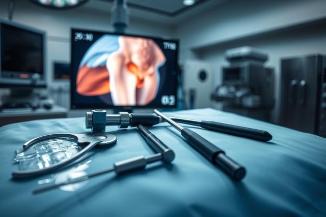 Surgical scene with medical instruments and a hip X-ray displayed on a screen. Blue surgical drape, operating room setting, and focused depth of field highlight orthopedic surgery equipment and diagnostic imaging. Healthcare, medical technology, and hip replacement concepts.
