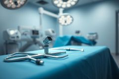 Surgical instruments on a blue operating table in a sterile operating room. Bright overhead lights illuminate the scene with a cool, blue tone. Focus on surgical tools and medical equipment, suggesting surgery or healthcare environment.