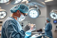 Surgeon performing surgery in a bright, modern operating room. The scene features medical equipment, surgical lights, and a healthcare professional in blue scrubs and a mask. Focus is on precision and medical procedures, showcasing a clinical environment.