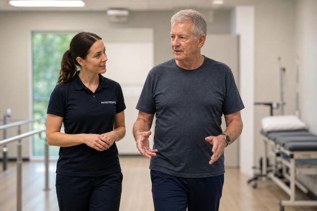 Physiotherapist guiding older patient through walking rehabilitation in a calm clinic with parallel bars.