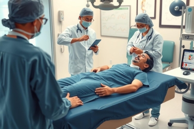 Several medical professionals in a hospital operating room. One patient is anesthetized on a surgical table, surrounded by surgeons in gowns and masks. The equipment includes monitors, surgical instruments, and lighting fixtures typical of such a setting.