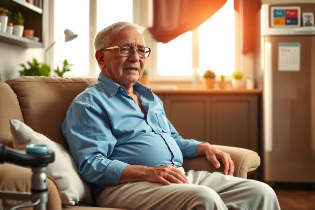 The image depicts an elderly man sitting comfortably on a couch in his living room. He is wearing glasses and appears to be smiling, looking towards the camera. The living room has modern furnishings including a coffee table and a large window letting in sunlight.