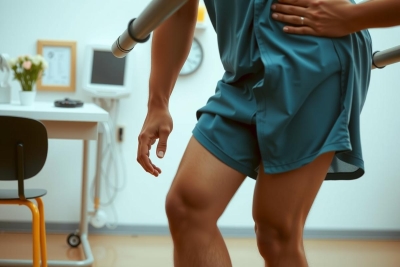 The image shows a close-up of a person's midsection as they stand with their right hand on their hip. The person is wearing a dark green top and shorts, suggesting a medical or healthcare context.