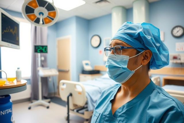 A medical professional in a hospital setting, wearing an operating gown and a surgical face mask. The individual is looking at a patient monitor with a serious expression.