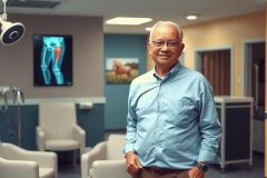 In a modern doctor's office, an elderly man with glasses stands and smiles. He wears a blue shirt and has one hand in his pocket.