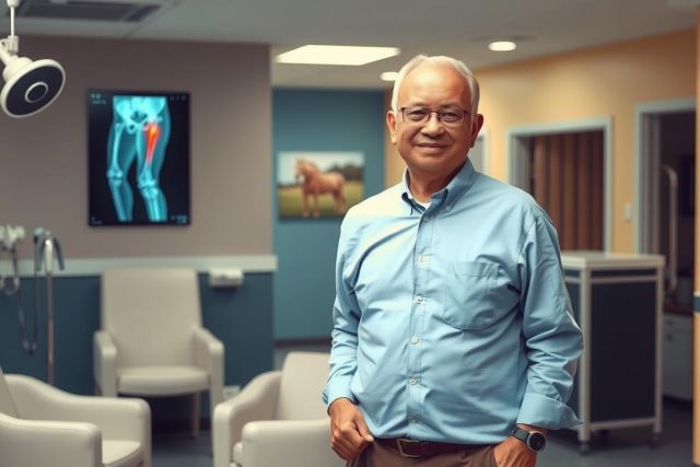 In a modern doctor's office, an elderly man with glasses stands and smiles. He wears a blue shirt and has one hand in his pocket.