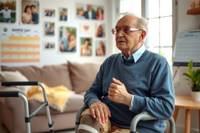An elderly man with a prosthetic leg, wearing glasses and seated on a couch in a well-lit room. There are various photos around him, suggesting he is the subject of these images.