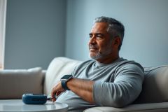 Mature man relaxing on a sofa at home, wearing a smartwatch and using a blood pressure monitor. Soft blue tones and natural light create a calm, wellness-focused scene. Health tracking, senior lifestyle, and home healthcare concepts are present.