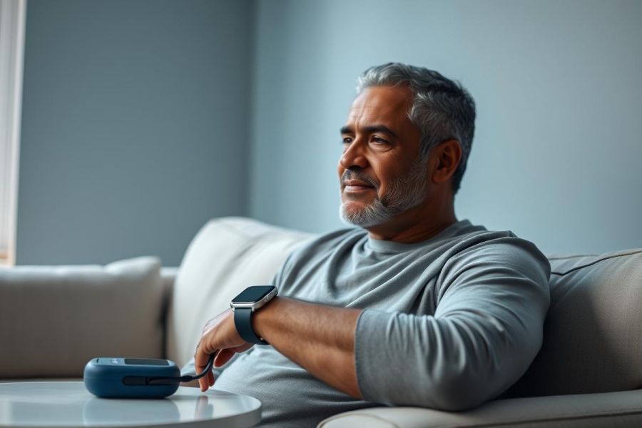 Mature man relaxing on a sofa at home, wearing a smartwatch and using a blood pressure monitor. Soft blue tones and natural light create a calm, wellness-focused scene. Health tracking, senior lifestyle, and home healthcare concepts are present.