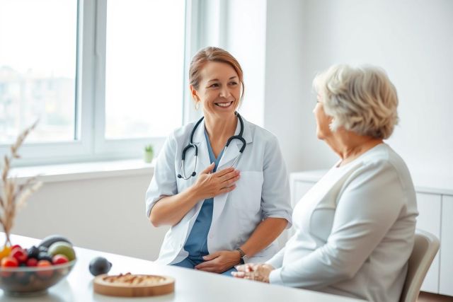 Doctor consults with senior patient in bright, modern clinic setting. Image features a smiling female doctor in white coat and stethoscope, engaged in conversation with an elderly woman. Fruit bowl and window suggest wellness and care.