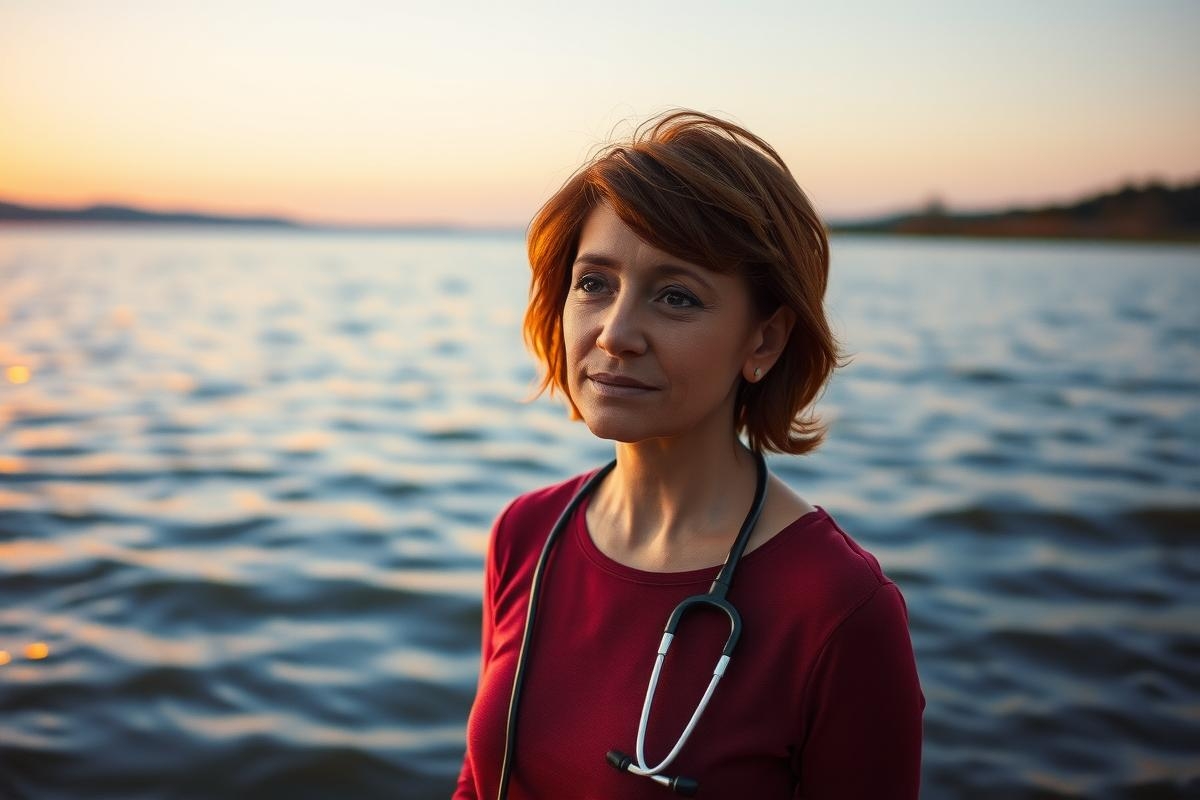 In the image, a woman dressed in medical scrubs is standing on a rocky shore next to a body of water. She's looking towards the right with a focused expression on her face. The sky above her suggests either dawn or dusk due to the soft lighting conditions. Her attire and the calm environment indicate that she might be a doctor or medical professional.