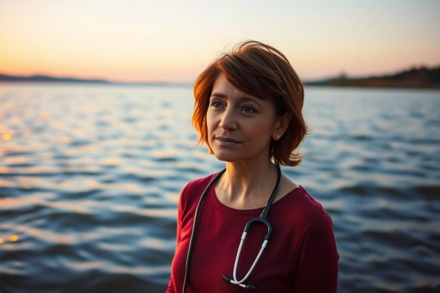 In the image, a woman dressed in medical scrubs is standing on a rocky shore next to a body of water. She's looking towards the right with a focused expression on her face. The sky above her suggests either dawn or dusk due to the soft lighting conditions. Her attire and the calm environment indicate that she might be a doctor or medical professional.