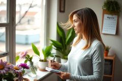 The image shows a woman sitting by an open window, looking out. She is holding a pen and appears to be taking notes or writing in a notebook. The room has a cozy atmosphere with indoor plants scattered around and a potted plant on the windowsill.