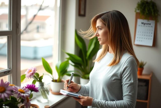 The image shows a woman sitting by an open window, looking out. She is holding a pen and appears to be taking notes or writing in a notebook. The room has a cozy atmosphere with indoor plants scattered around and a potted plant on the windowsill.