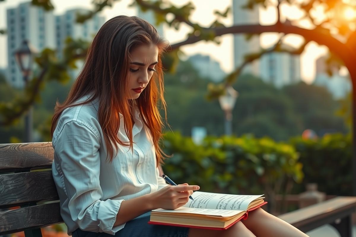 The image depicts a woman sitting on a park bench. She is engaged in reading a book, using a pen to write notes or annotations. The setting appears serene with greenery around and sunlight filtering through the trees, creating a warm atmosphere indicative of a pleasant day in an urban park.