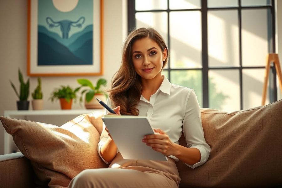 A professional, middle-aged woman sitting on a couch in an office setting. She is holding a tablet and writing with a pen, suggesting a working or business environment.