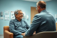 Two men engaged in conversation in a modern office setting. One man, with gray hair and glasses, smiles while facing the other. The room features a teal wall and neutral tones, suggesting a professional or counseling environment. Focus on communication and connection.