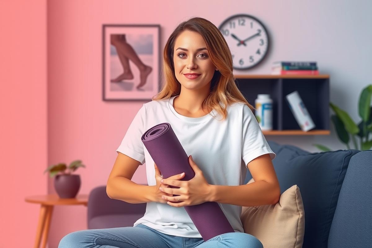 This is an image of a woman seated on a couch holding a yoga mat. She appears to be in a cozy and warmly lit home environment, possibly in her living room. The woman has light-colored hair and is smiling towards the camera.