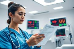 Focused female nurse in blue scrubs reviewing patient charts in a modern hospital setting. Medical monitors displaying heart rate and other vital signs are visible in the background. Healthcare professional, medical examination, clinical environment.