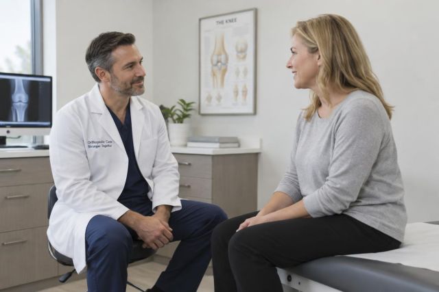 Orthopedic specialist consulting a middle-aged patient about knee care in a clinic exam room.