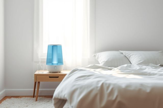 Modern bedroom scene featuring a blue humidifier on a wooden nightstand next to a neatly made white bed. Soft, natural light streams through a window, creating a calming and minimalist atmosphere. Ideal for home decor, bedroom design, or humidifier product imagery.