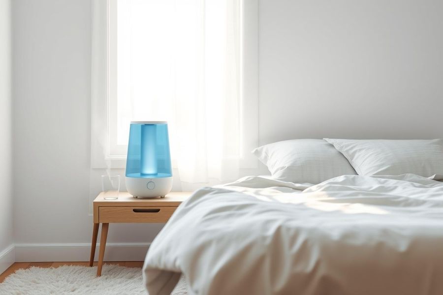 Modern bedroom scene featuring a blue humidifier on a wooden nightstand next to a neatly made white bed. Soft, natural light streams through a window, creating a calming and minimalist atmosphere. Ideal for home decor, bedroom design, or humidifier product imagery.