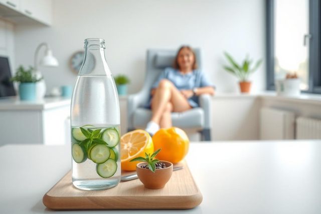 Refreshing cucumber water with citrus on a wooden board. A cozy, bright kitchen setting with a person in the background. Healthy lifestyle and natural ingredients theme.