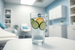 Refreshing infused water with lime and orange slices in a glass, set on a white table in a bright, modern office or wellness space. Clean, healthy hydration concept with blue and white decor.