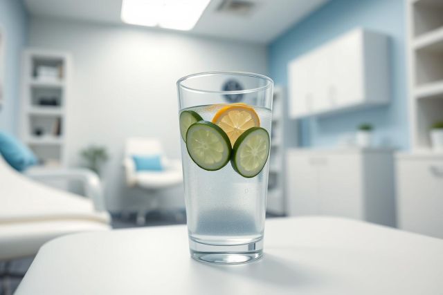 Refreshing infused water with lime and orange slices in a glass, set on a white table in a bright, modern office or wellness space. Clean, healthy hydration concept with blue and white decor.