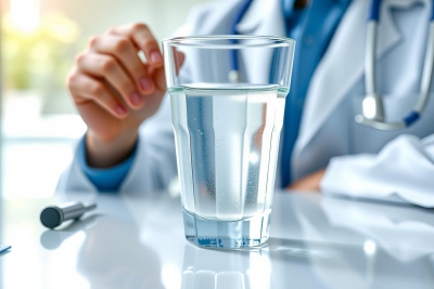Doctor holding pills, stethoscope nearby. Healthcare professional in a medical setting, likely a clinic or hospital. Focus on medication and patient care.