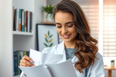 A smiling healthcare professional in a white coat examines documents in a bright, modern office setting. The scene features warm lighting and a clean, professional environment.