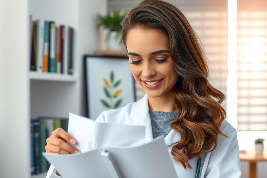 A smiling healthcare professional in a white coat examines documents in a bright, modern office setting. The scene features warm lighting and a clean, professional environment.