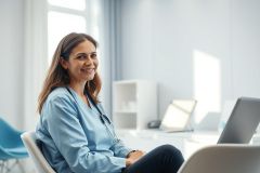 Smiling female doctor in a bright, modern medical office. She wears a blue scrubs and stethoscope, seated near a laptop. The room features light blue walls and white furniture, suggesting a clean and professional healthcare environment. Represents healthcare professionals and medical settings.