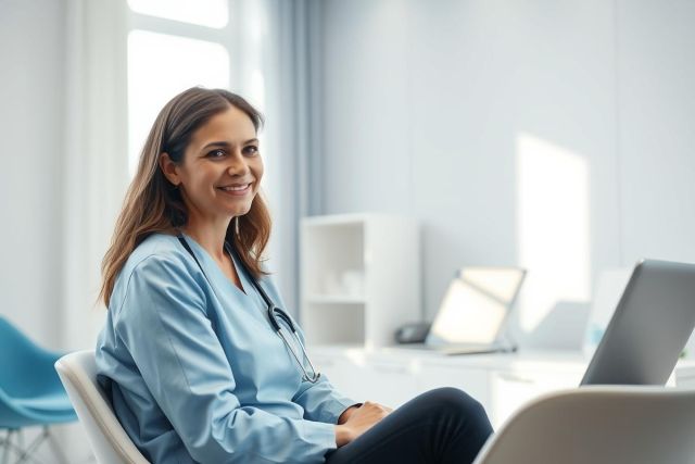 Smiling female doctor in a bright, modern medical office. She wears a blue scrubs and stethoscope, seated near a laptop. The room features light blue walls and white furniture, suggesting a clean and professional healthcare environment. Represents healthcare professionals and medical settings.