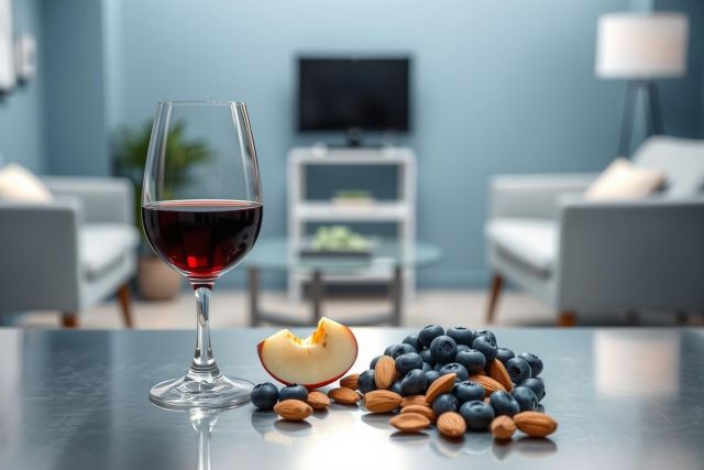 A glass of red wine sits on a table next to blueberries, almonds, and a slice of peach in a modern living room setting. The background features a blue wall, sofa, and television, creating a relaxing and elegant atmosphere. Healthy snacks and wine pairing concept.