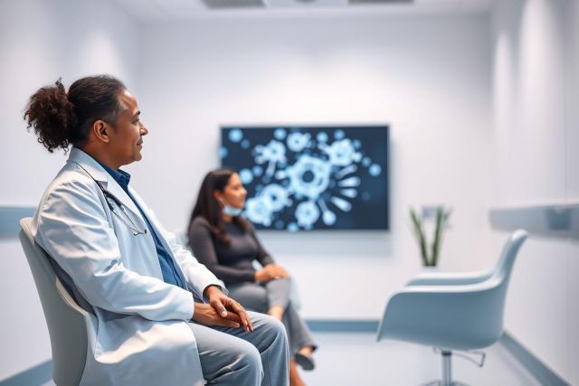 Doctor in a white coat discusses results with a patient in a modern, sterile medical facility. A screen displays a detailed, blue and white graphic, likely a medical image or data visualization. Healthcare, diagnosis, and patient consultation are key themes.