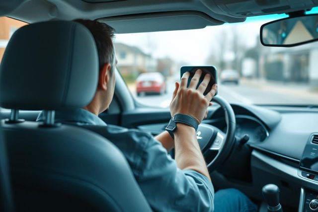 Man driving a car, using a smartphone. Interior view shows the dashboard and steering wheel. Suburban neighborhood visible outside. Focus on distracted driving and technology in vehicles. Blue and gray tones dominate.