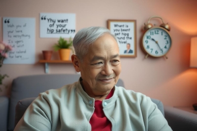 A man in a comfortable setting, possibly a living room or home office. He is seated on a couch and has a casual expression on his face. His attire suggests a relaxed, informal environment.