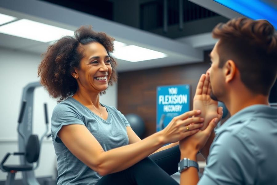 Two people at the gym. The image portrays fitness, teamwork, and a positive, energetic atmosphere. The woman is wearing a blue shirt and black leggings.
