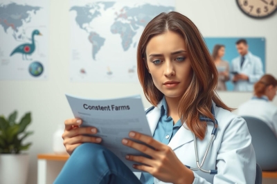 A young female doctor in a modern office environment, wearing a blue lab coat and holding medical documents. The office has whiteboard presentations on the wall and a world globe map indicating an international focus.