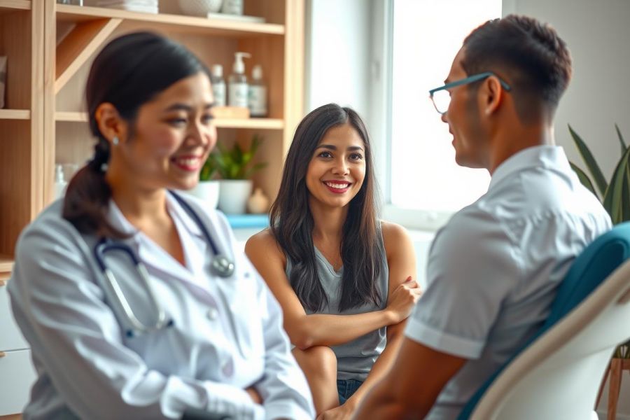 Doctor consults with patient in a modern office. Warm lighting, neutral tones, and a friendly atmosphere create a welcoming healthcare environment. Focus on patient care and professional consultation.
