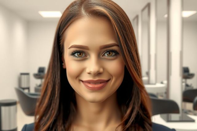 Woman with long brown hair smiles in a modern salon setting. Bright, airy space with stylish chairs and professional equipment. Focus on beauty and wellness.