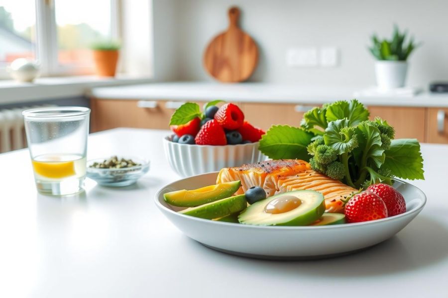 Healthy breakfast featuring sliced avocado, salmon, strawberries, blueberries, and lettuce on a plate. Served with a glass of juice and on a white countertop. A bright, wholesome meal.