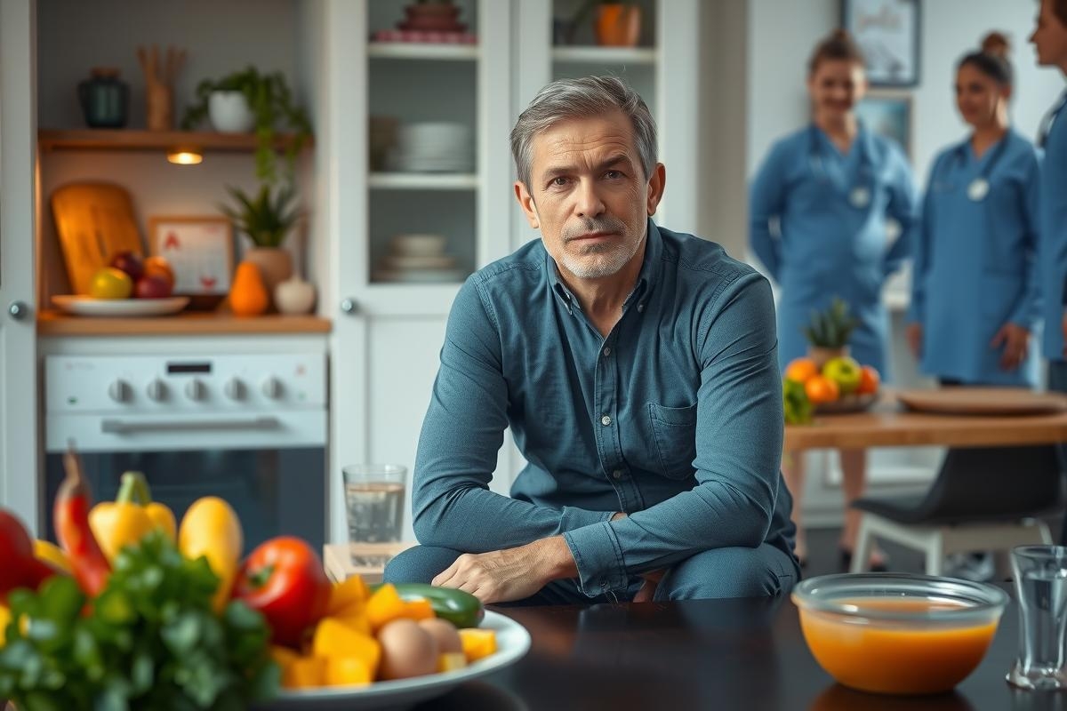Man in a kitchen, sitting at counter with other people around him. Fresh fruits and vegetables on the table.