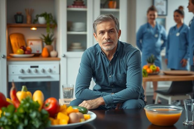 Man in a kitchen, sitting at counter with other people around him. Fresh fruits and vegetables on the table.