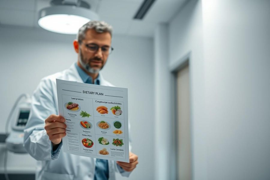 Doctor in a medical office examining a diet plan. The image shows a man in a white coat reviewing a chart with food illustrations, suggesting nutrition advice and healthcare. Cool tones and a clinical setting highlight the health and wellness context.