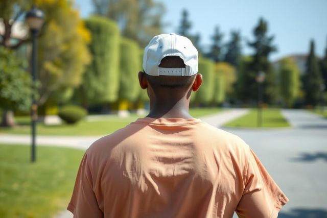 Man viewed from behind, wearing a baseball cap and orange t-shirt, standing in a park with trees and a pathway. Casual outdoor scene, sunny day.